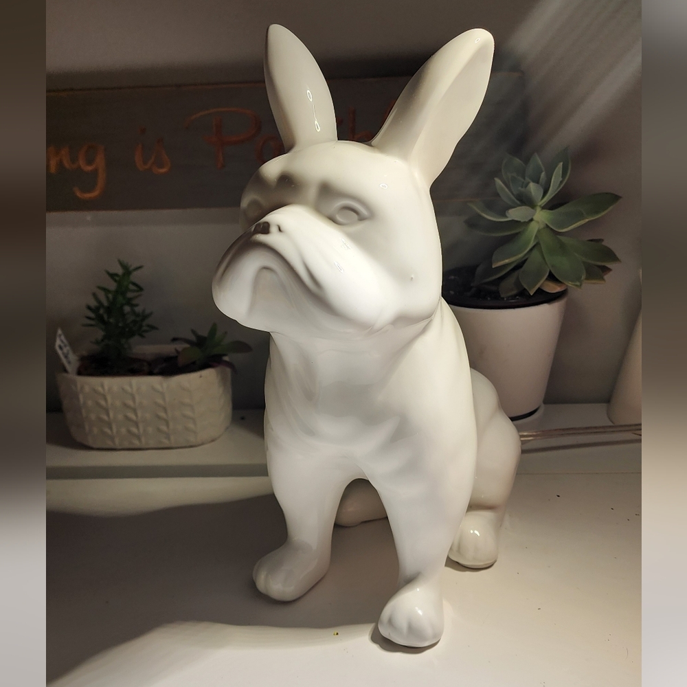 French Bulldog Statue 1 ftFigurine Rabbit Ears White Ceramic Decor - Picture 2 of 4